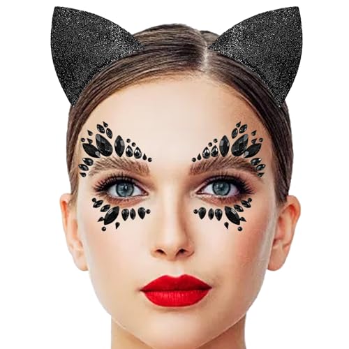 YJSDDNTY Katze glitzersteine gesicht,schwarz Katzenohren Haarreif + schwarz Katzen Gesicht Sticker ，für Festival Karneval Schminke,Parties,Make-up,Cosplay von YJSDDNTY