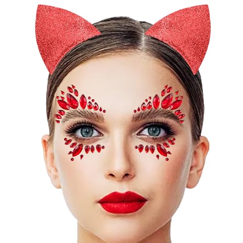 YJSDDNTY Katzenohren Haarreif mit Glitzersteine Gesicht，Katzenohren Haarreif +Rot Glitzersteine Gesicht Sticker ，Halloween Haarschmuck Kopfschmuck， für Fasching, Karneval, Halloween, usw. von YJSDDNTY