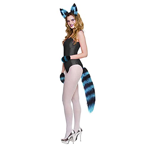 Katzenschwanz Ohr Kostüm Set, 2-teilig Katzenohren und Katzenschwanz, Niedlich Halloween Cosplay Requisiten handgefertigte Simulation Tierohren Stirnband Tierkostüm Cosplay Kostüm Zubehör Set (blau) von YJZQ