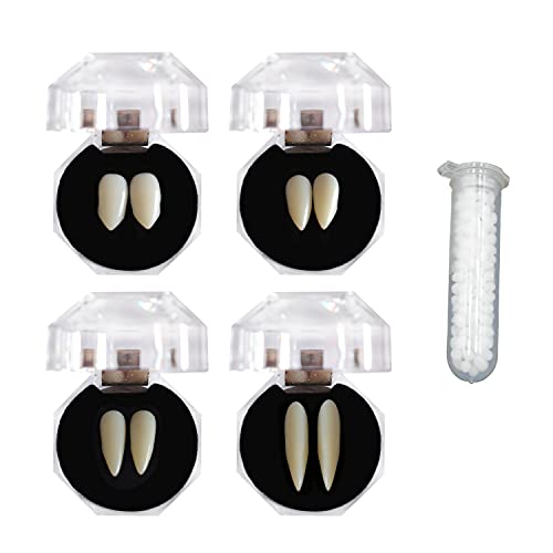 YJZQ 4 Paar Halloween Vampir Zähne, 4 Größen Gebiss Zombie Gebiss Fangs Gefälschte Zähne mit 1 Rohr Zähne Pellets Klebstoff Cosplay für Cosplay Party Requisiten Maskerade Party Halloween Party Fangs von YJZQ