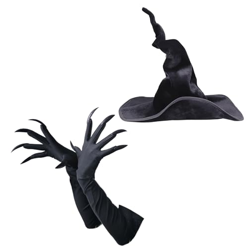 YJZQ Gebogener Hexenhut mit Lange Handschuhe Weich Zauberhut Handschuhe Set Bequeme Hexenmütze Elegantes Hexenkostüm Zubehör für Halloween, Karneval, Themenpartys, Rollenspiele YJZQ Gebogener Hexenhut mit Lange Handschuhe Weich Zauberhut Handschuhe Set Bequeme Hexenmütze Elegantes Hexenkostüm Zubehör für Halloween, Karneval, Themenpartys, Rollenspiele von YJZQ