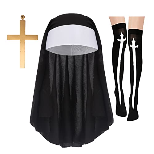 YJZQ Halloween Nonnen Kostüm Set Nonne Mütze Oberschenkel Strümpfe Kreuzanhänger Halskette Halloween Cosplay Karneval Mottoparty von YJZQ