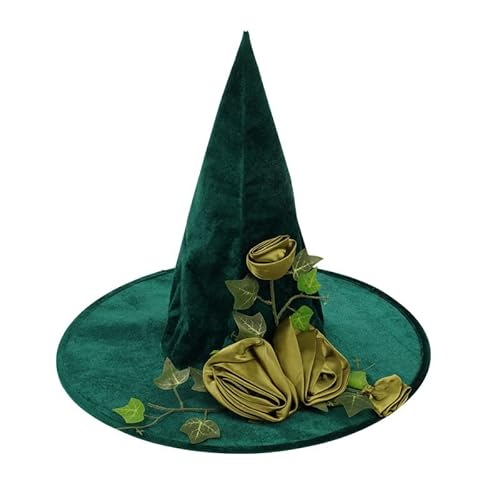 YJZQ Hexenhut Halloween Weinrebe Hexenhut Grün Dekor Halloween Kostüm Hut Grün Wizard Hut mit Rose Blume für Kostüm Halloween Party Dekoration von YJZQ