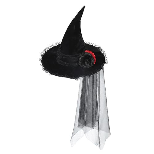 YJZQ Hexenhut Schleier Hut Barock mit Blume Gotik Cap mit Spitze und Tüll Pailletten Kostüm Zauberer für Cosplay Fotografen Kostüm Halloween Weihnachten von YJZQ