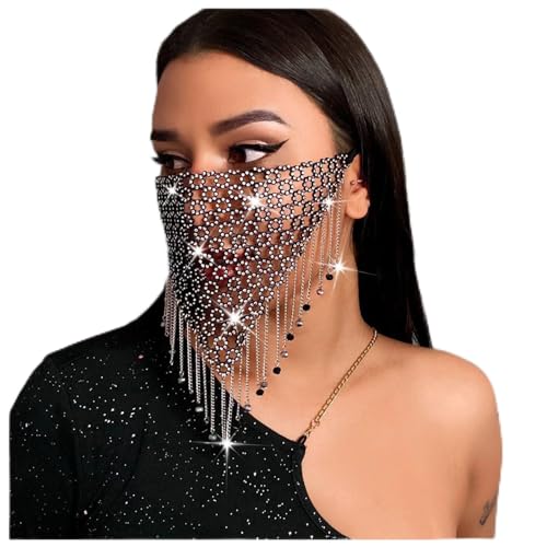 YJZQ Maske mit Strass, Gesichtsmaske, Gesichtsmaske, Kette mit bunten Steinen, Kostüm, Maskerade, zur Dekoration von Gesicht und Kragen, 55 cm, Schwarz von YJZQ