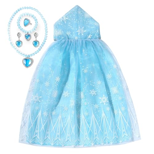 YJZQ Tüllumhang Prinzessin Elsa Cape Leinwand für Show Kapuze Kinder für Halloween Kostüm Fee Elfe 4-8 Jahre bedruckt blau Flocken 110 cm von YJZQ