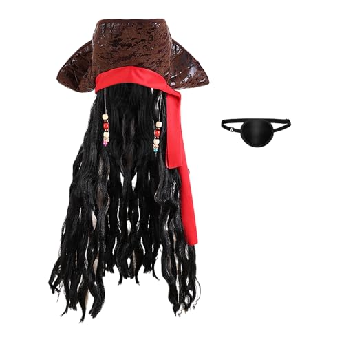 YJZQ Unisex Piratenhut Augenklappen Set Mittelalter Piratenkapitän-Hut mit Perücke Leichte Piratenmütze Augenmaske Erwachsene Rollenspiel Kostüm Accessoires für Halloween, Karneval, Cosplay YJZQ Unisex Piratenhut Augenklappen Set Mittelalter Piratenkapitän-Hut mit Perücke Leichte Piratenmütze Augenmaske Erwachsene Rollenspiel Kostüm Accessoires für Halloween, Karneval, Cosplay von YJZQ