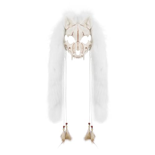 YJZQ Wikinger Maske Fuchs Halbes Gesicht Schädel Fuchs Werwolf Mittelalter Kostüm für Historisches Theater Cosplay Halloween mit Stola Plüsch und Feder von YJZQ