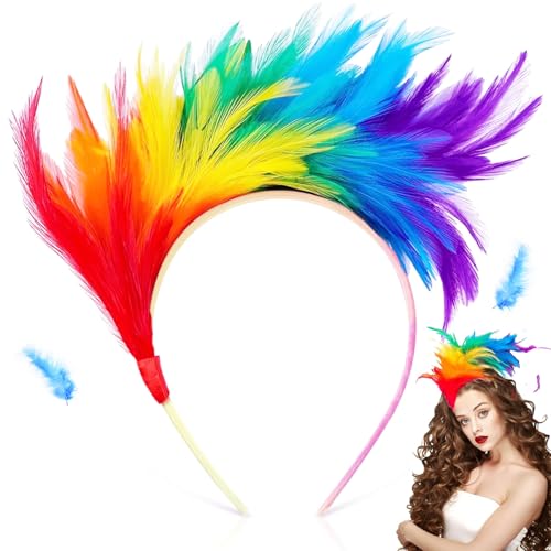 YKHSUAOU Bunt Feder Stirnband Regenbogen Feder Haarreif 20er Jahre Stirnband Feder Haarreif Regenbogen-Feder-Kopfbedeckungen Rainbow Federkopfbedeckung für Cosplay Karneval Halloween Party von YKHSUAOU