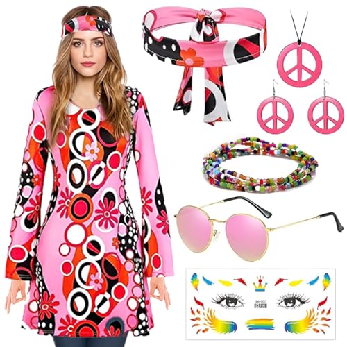 YKHSUAOU Hippie Kostüm Damen Set, Hippie Kleidung Damen, 60 er 70er Jahre Hippie Kleidung mit Stirnband Halskette Ohrringe Sonnenbrillen, Hippie Accessoires, für Karneval Disco Party Cosplay(M) von YKHSUAOU
