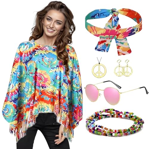 YKHSUAOU Damen Hippie Kostüm Set, 7-teilig: Poncho, Stirnbänder, Halskette, Ohrringe, Sonnenbrille, Gesichtsaufkleber für Karneval, Disco Party, Cosplay von YKHSUAOU