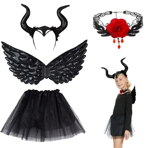 YKHSUAOU Königin Hörner Kostüm Teufel Mädchen 4 Stück Böse Königin Cosplay Maleficent Zubehör für Halloween Karneval Fasching Party (Rot) von YKHSUAOU
