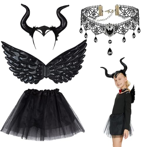 YKHSUAOU Königin Hörner Kostüm Teufel Kostüm Mädchen 4 Stück Böse Königin Cosplay Kostüm Maleficent Kostüm Zubehör für Halloween Karneval Fasching Cosplay Party (Schwarz) von YKHSUAOU