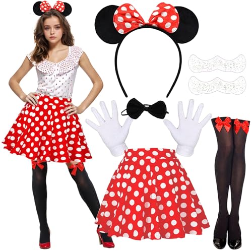 YKHSUAOU Mini Maus Kostüm Damen, Damen Maus Mouse Kostüm, Mouse Rock Damen, Rock Punkte Rot Weiß, Maus Ohren mit roter Schleife, Handschuhe, Nase, für Fasching Karneval Party(S) von YKHSUAOU