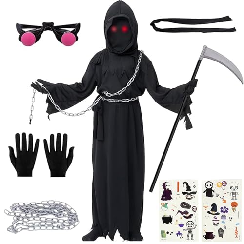 YKHSUAOU Sensenmann Kostüm, Grim Reaper Cosplay Kostüm, Grim Reaper Costume for Party, Halloween Sensenmann Kostüm, Grim Reaper Verkleidung Set für Halloween Karnevals Themenparty (140-152) von YKHSUAOU