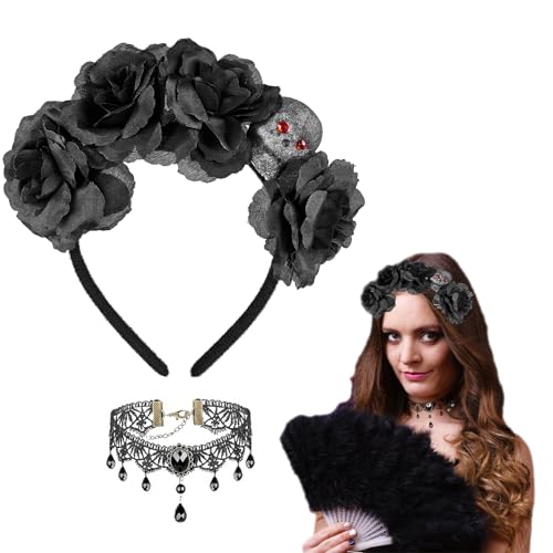 YKHSUAOU Tag der Toten Haarschmuck Rosen Totenkopf Deko，Tag Der Toten Haarreif，mit Day of The Dead Temporäre Tattoo，für Karneval Fasching Karneval Kostüm Mottoparty. (black) von YKHSUAOU