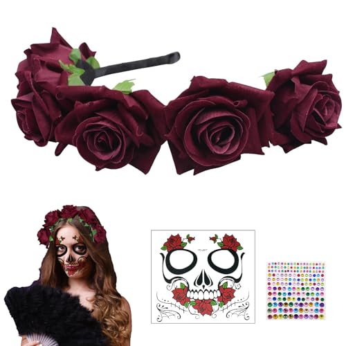 YKHSUAOU Tag der Toten Haarschmuck Rosen Totenkopf Deko，Tag Der Toten Haarreif，mit Day of The Dead Temporäre Tattoo，für Karneval Fasching Karneval Kostüm Mottoparty. (red) von YKHSUAOU