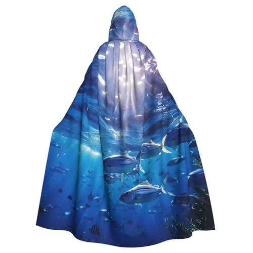 YKJJFVZ Blue Ocean Unterwasserfisch-1-Druck, Rogue Cosplay, Erwachsene, Halloween, Hexe, Kapuzenumhang, Umhang, Uni-Kostüm für Horror-Partys, Maskerade von YKJJFVZ