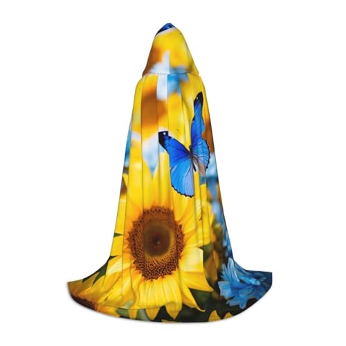 YKJJFVZ Gelbe Sonnenblumen mit blauen Schmetterlingen, Mittelalter- und Renaissance-Umhang mit Kapuze, Zauberer, Vampir und Halloween-Kostüme von YKJJFVZ