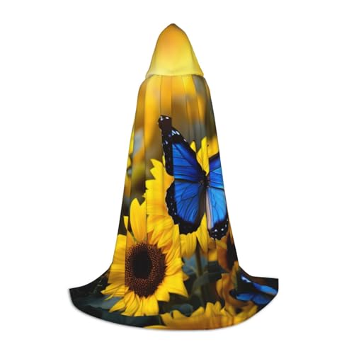 YKJJFVZ Gelbe Sonnenblumen mit blauen Schmetterlingen, Mittelalter- und Renaissance-Umhang mit Kapuze, Zauberer, Vampir und Halloween-Kostüme von YKJJFVZ