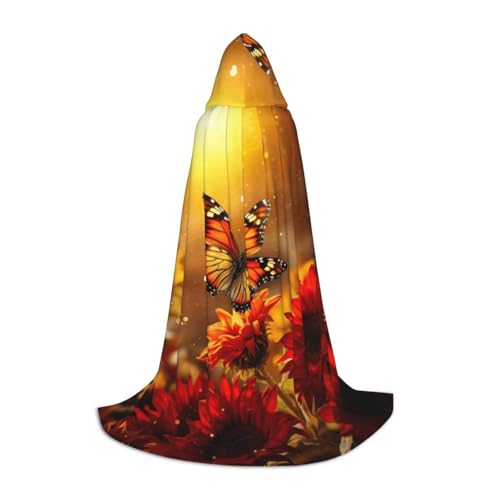 YKJJFVZ Gelbe Sonnenblumen mit rotem Schmetterlings-Druck, Mittelalter- und Renaissance-Umhang mit Kapuze, Vampir- und Halloween-Kostüme, Schwarz, L von YKJJFVZ
