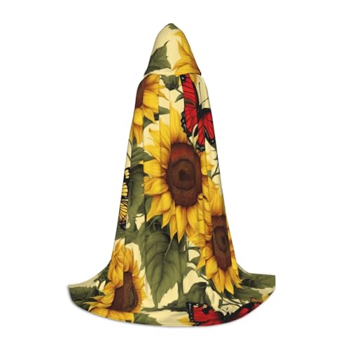 YKJJFVZ Gelbe Sonnenblumen mit rotem Schmetterlings-Druck, Mittelalter- und Renaissance-Umhang mit Kapuze, Zauberer, Vampir und Halloween-Kostüme von YKJJFVZ
