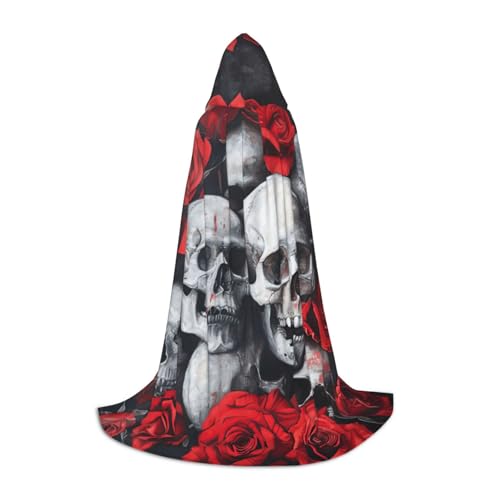 YKJJFVZ Mittelalter- und Renaissance-Umhang mit Totenkopf und roter Rose, mit Kapuze, Zauberer, Vampir und Halloween-Kostüm von YKJJFVZ