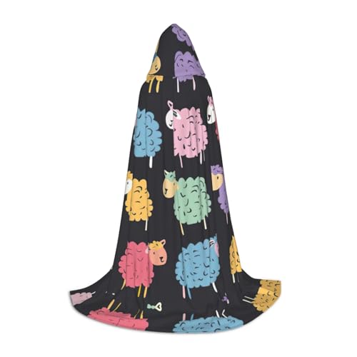 YKJJFVZ Süßes buntes Schaf, Cartoon-Muster, Mittelalter- und Renaissance-Umhang mit Kapuze, Zauberer, Vampir-Halloween-Kostüme, Schwarz, L von YKJJFVZ