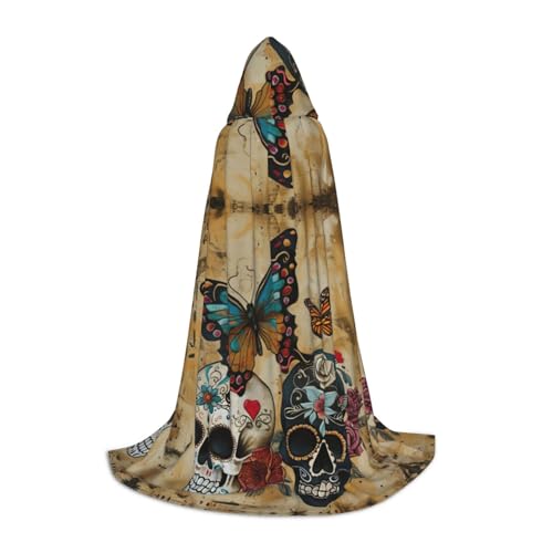 YKJJFVZ Umhang mit Totenköpfen und Schmetterlings-Aufdruck, Mittelalter- und Renaissance-Umhang mit Kapuze, Zauberer, Vampir und Halloween-Kostüme von YKJJFVZ