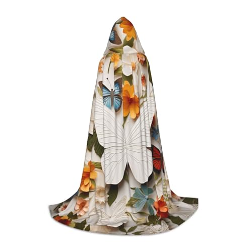 YKJJFVZ Umhang mit weißem Blumenmuster, bunt, Schmetterlinge, Mittelalter- und Renaissance-Umhang mit Kapuze, Vampir-Halloween-Kostüme, Schwarz, L von YKJJFVZ