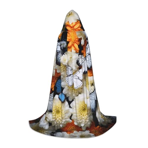YKJJFVZ Umhang mit weißem Blumenmuster, bunte Schmetterlinge, Mittelalter- und Renaissance-Umhang mit Kapuze, Zauberer, Vampir und Halloween-Kostüme von YKJJFVZ