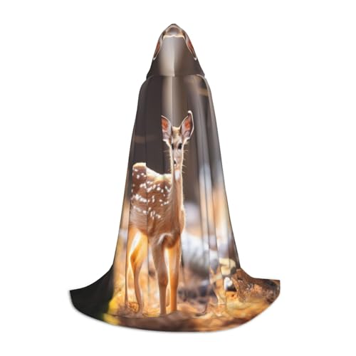 YKJJFVZ Weißschwanz-Umhang mit Rehkitz in der Wildnis, Hirsch-Druck, Mittelalter- und Renaissance-Umhang mit Kapuze, Zauberer, Vampir und Halloween-Kostüme von YKJJFVZ