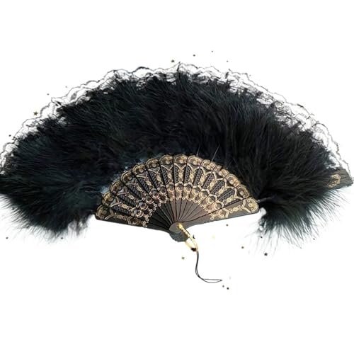 YKMYXZ, Faltende Federfächer, 1 Stück, Quasten-Anhänger, Handfächer, Spitze, Feder, Faltfächer, Handfächer, Tanzparty, Hochzeit, Dekoration, Requisiten, Feder(Black) von YKMYXZ