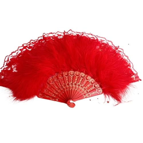 YKMYXZ, Faltende Federfächer, 1 Stück, Quasten-Anhänger, Handfächer, Spitze, Feder, Faltfächer, Handfächer, Tanzparty, Hochzeit, Dekoration, Requisiten, Feder(Red) von YKMYXZ