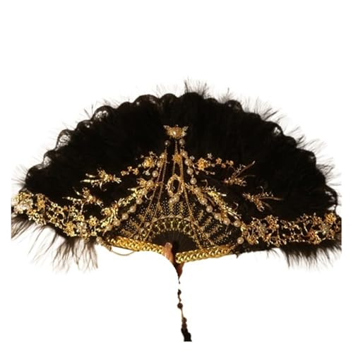 YKMYXZ, Faltende Federfächer, Federfächer, Tanz, Qipao, Walk-Show, Faltfächer, Retro, Retro, Hanfu, Fee, Spitze, Dekoration, Ornament, Fächer, Feder, Faltbarer Handfächer(Black) von YKMYXZ