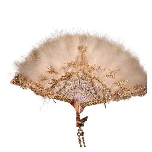 YKMYXZ, Faltende Federfächer, Federfächer, Tanz, Qipao, Walk-Show, Faltfächer, Retro, Retro, Hanfu, Fee, Spitze, Dekoration, Ornament, Fächer, Feder, Faltbarer Handfächer(White) von YKMYXZ