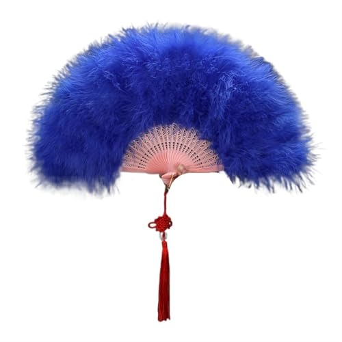YKMYXZ, Faltende Federfächer, eleganter Faltfächer, voller Samt, bunter weißer Federfächer, chinesischer Knoten, Handfächer, Mädchen, Tanz, Hochzeit, Party(Blue) von YKMYXZ