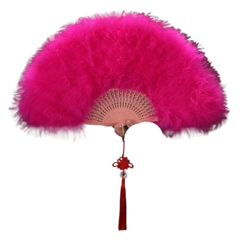 YKMYXZ, Faltende Federfächer, eleganter Faltfächer, voller Samt, bunter weißer Federfächer, chinesischer Knoten, Handfächer, Mädchen, Tanz, Hochzeit, Party(Rose Red) von YKMYXZ