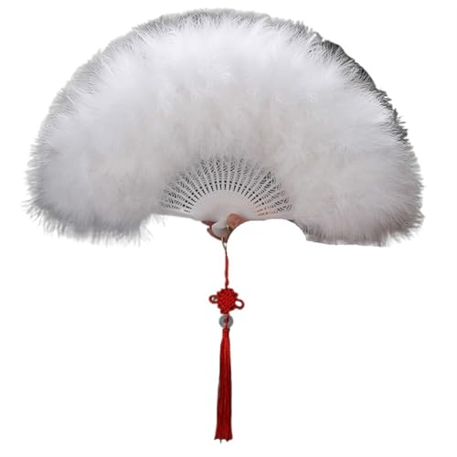 YKMYXZ, Faltende Federfächer, eleganter Faltfächer, voller Samt, bunter weißer Federfächer, chinesischer Knoten, Handfächer, Mädchen, Tanz, Hochzeit, Party(White) von YKMYXZ