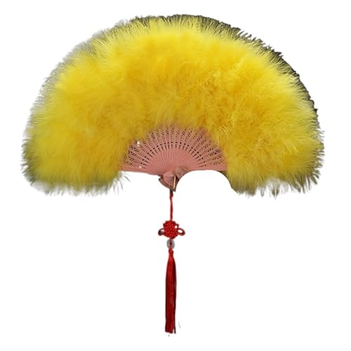 YKMYXZ, Faltende Federfächer, eleganter Faltfächer, voller Samt, bunter weißer Federfächer, chinesischer Knoten, Handfächer, Mädchen, Tanz, Hochzeit, Party(Yellow) von YKMYXZ