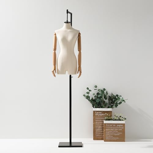 YKMYXZ, Kann um 360 Grad gedreht Werden, weibliche Halbkörper-Nähpuppe, Flexible Holzarme, Schaufensterpuppe zur Kleiderpräsentation(Beige with Wood Arms) von YKMYXZ
