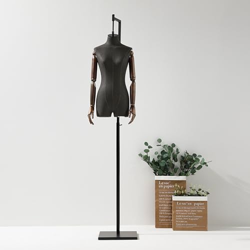 YKMYXZ, Kann um 360 Grad gedreht Werden, weibliche Halbkörper-Nähpuppe, Flexible Holzarme, Schaufensterpuppe zur Kleiderpräsentation(Black with Wood Arms) von YKMYXZ