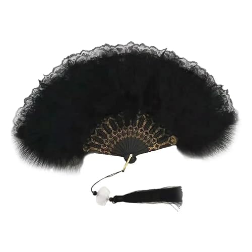 YKMYXZ, Klappbare Federfächer, Faltbarer Fächer, Vintage-Handfächer, Feder-Spitze-Quasten, Kunsthandwerk, Geschenk for Hochzeit, Party, Gastgeschenk, Heimdekoration(Black) von YKMYXZ