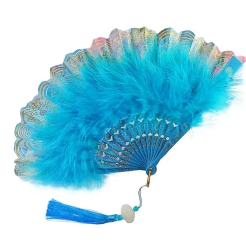 YKMYXZ, Klappbare Federfächer, Faltbarer Fächer, Vintage-Handfächer, Feder-Spitze-Quasten, Kunsthandwerk, Geschenk for Hochzeit, Party, Gastgeschenk, Heimdekoration(Blue1) von YKMYXZ