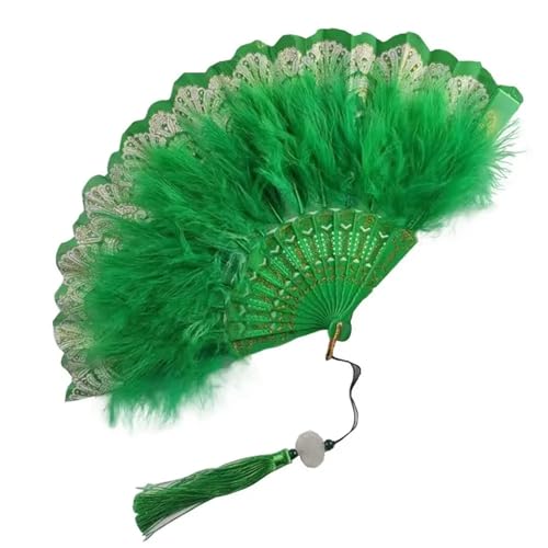 YKMYXZ, Klappbare Federfächer, Faltbarer Fächer, Vintage-Handfächer, Feder-Spitze-Quasten, Kunsthandwerk, Geschenk for Hochzeit, Party, Gastgeschenk, Heimdekoration(Green) von YKMYXZ