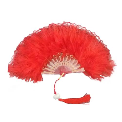 YKMYXZ, Klappbare Federfächer, Faltbarer Fächer, Vintage-Handfächer, Feder-Spitze-Quasten, Kunsthandwerk, Geschenk for Hochzeit, Party, Gastgeschenk, Heimdekoration(Red Lace) von YKMYXZ