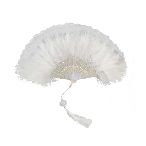 YKMYXZ, Klappbare Federfächer, Faltbarer Fächer, Vintage-Handfächer, Feder-Spitze-Quasten, Kunsthandwerk, Geschenk for Hochzeit, Party, Gastgeschenk, Heimdekoration(White Lace) von YKMYXZ