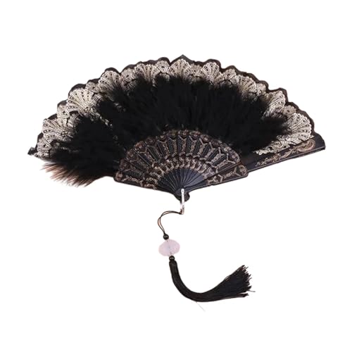 YKMYXZ, Klappbarer Federfächer, Federfächer mit Anhänger, Feder-Faltfächer, süßer Feen-Mädchen-Tanz-Handfeder, Faltbarer Handfächer(Black) von YKMYXZ
