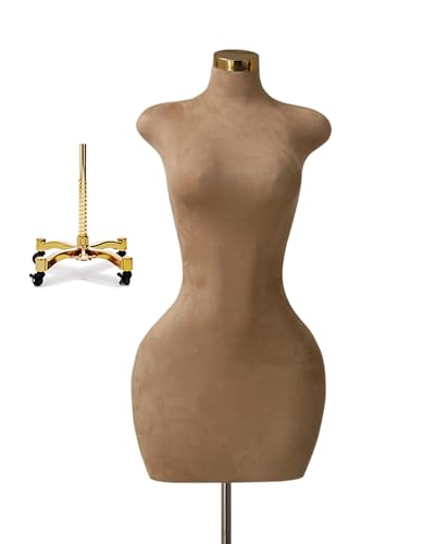 YKMYXZ, Weiblicher Schaufensterpuppenständer mit Samtbezug, Schneiderpuppe in Übergröße mit goldenem Sockel, Halbkörper-Torso mit kurvigem Modell, höhenverstellbar(Base with 4 Wheels) von YKMYXZ