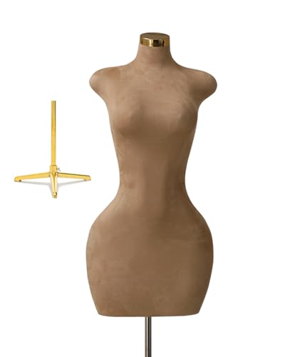 YKMYXZ, Weiblicher Schaufensterpuppenständer mit Samtbezug, Schneiderpuppe in Übergröße mit goldenem Sockel, Halbkörper-Torso mit kurvigem Modell, höhenverstellbar(Tripod Base) von YKMYXZ